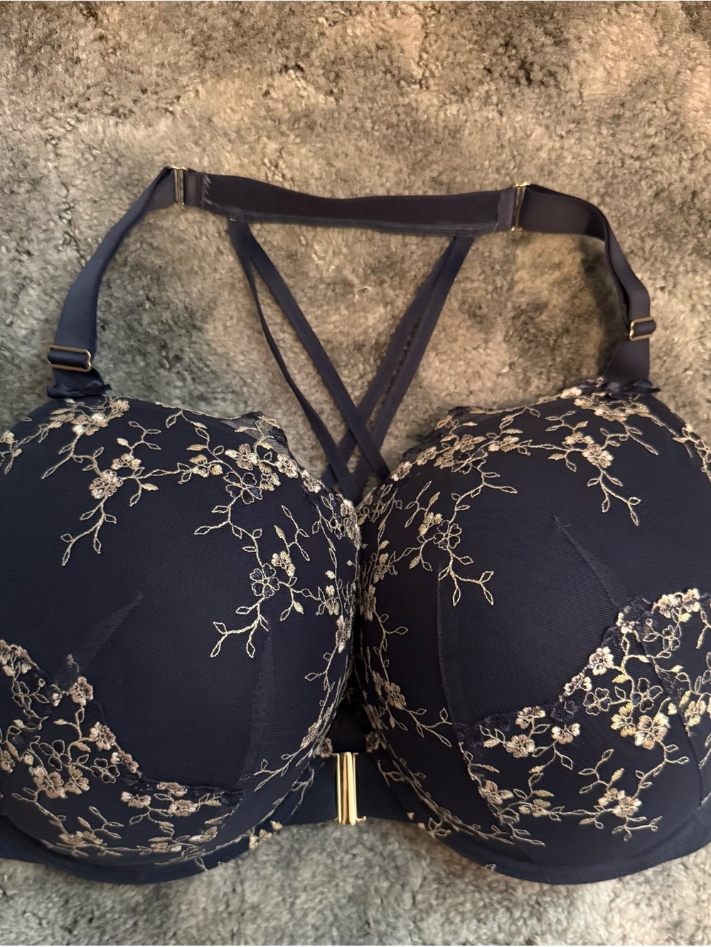 Cacique Navy Bra with Cream Floral Embroidery lace and Strappy back boost plunge